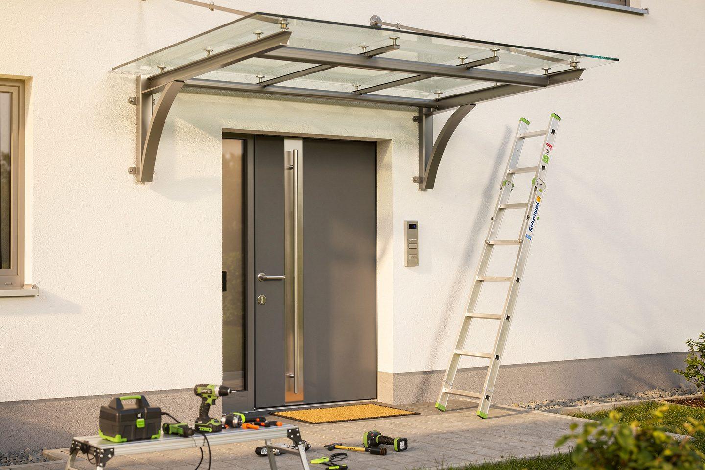 Maßgefertigte Glasvordächer, freitragende Glasdächer, Konstruktionen aus Edelstahl, Fertigung von Haustürvordächern – VoMo – Vordach Montagen – Montage von Vordächern in Neckarsteinach